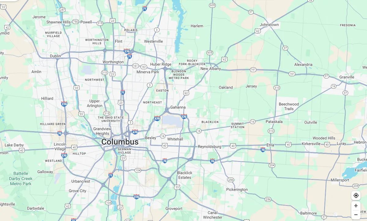 Map of Columbus metropolitan area showing our service coverage including Dublin, Westerville, Gahanna, Bexley, and surrounding neighborhoods