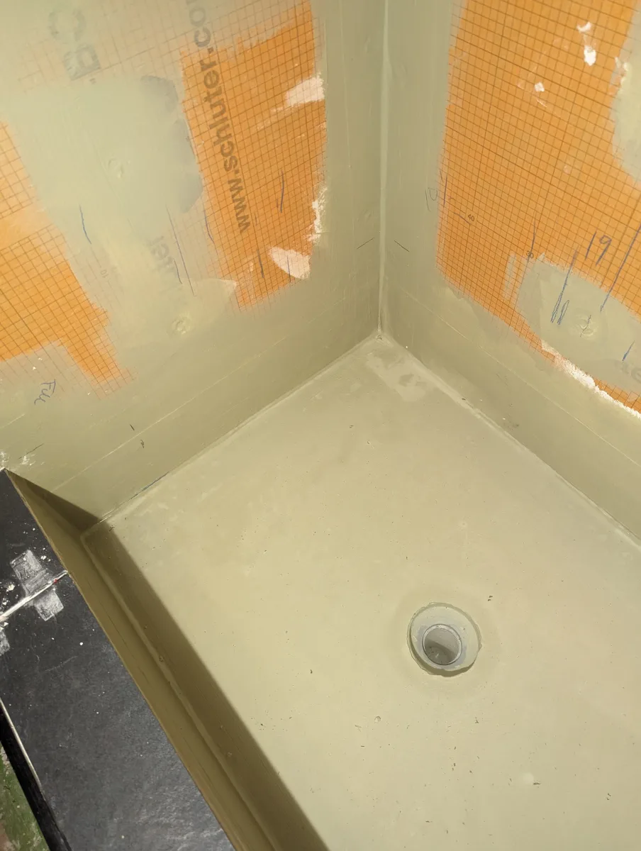 Columbus dog bathing station waterproofing by 614 Remodeling Pros, showing Schluter system shower pan and sealed walls.